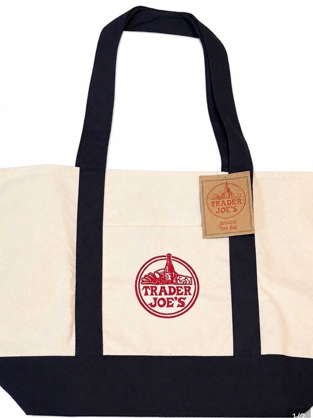Trader Joe's Canvas Large Tote Bag in Natural and Dark Blue with Red Logo